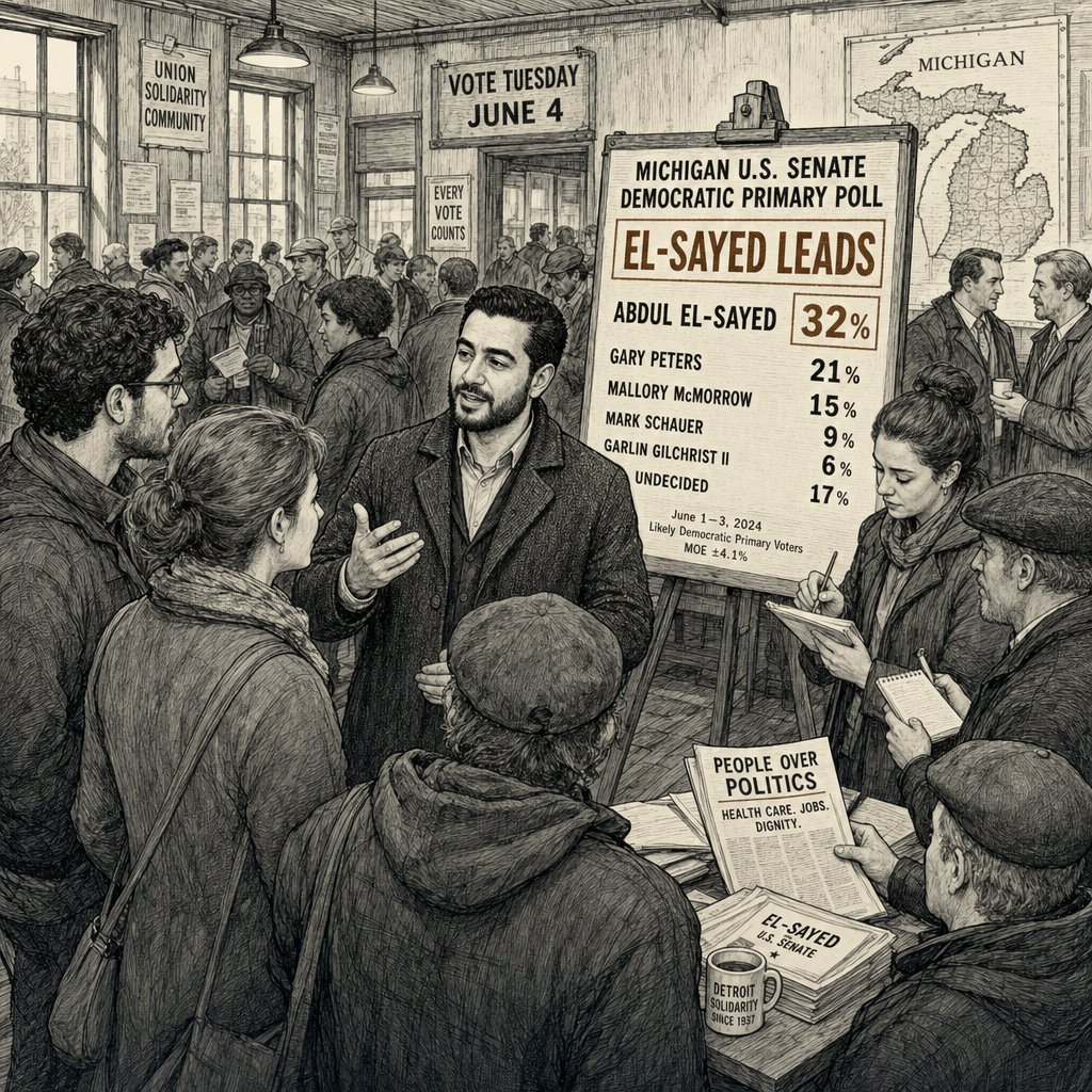 Illustration accompanying article: Sanders-backed El-Sayed leads Michigan Senate primary polls