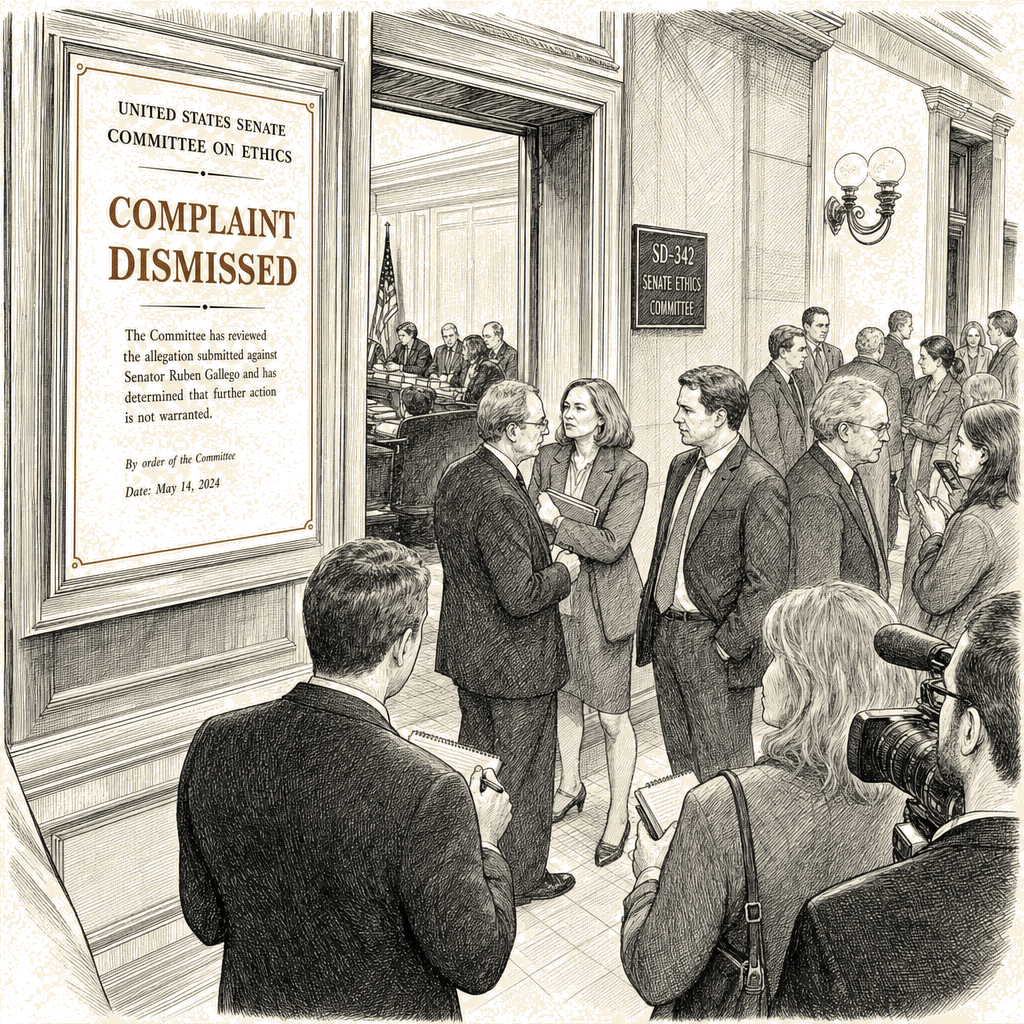 Illustration accompanying article: Senate Ethics panel dismisses misconduct complaint against Ruben Gallego