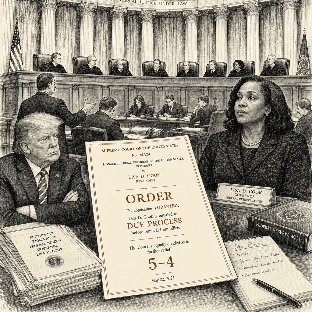 Illustration accompanying article: Supreme Court blocks Trump's removal of Fed governor Cook