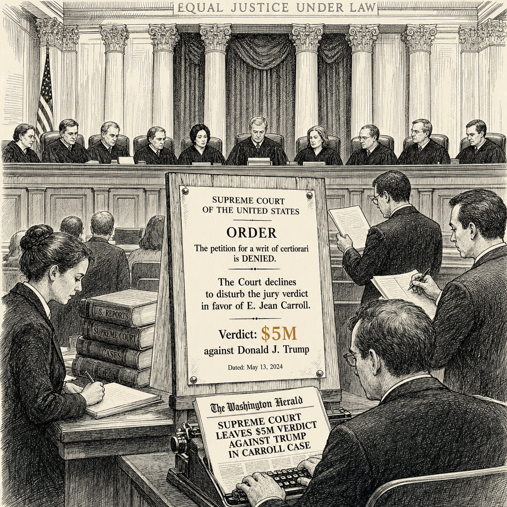Illustration accompanying article: Supreme Court declines to disturb $5M Carroll verdict against Trump
