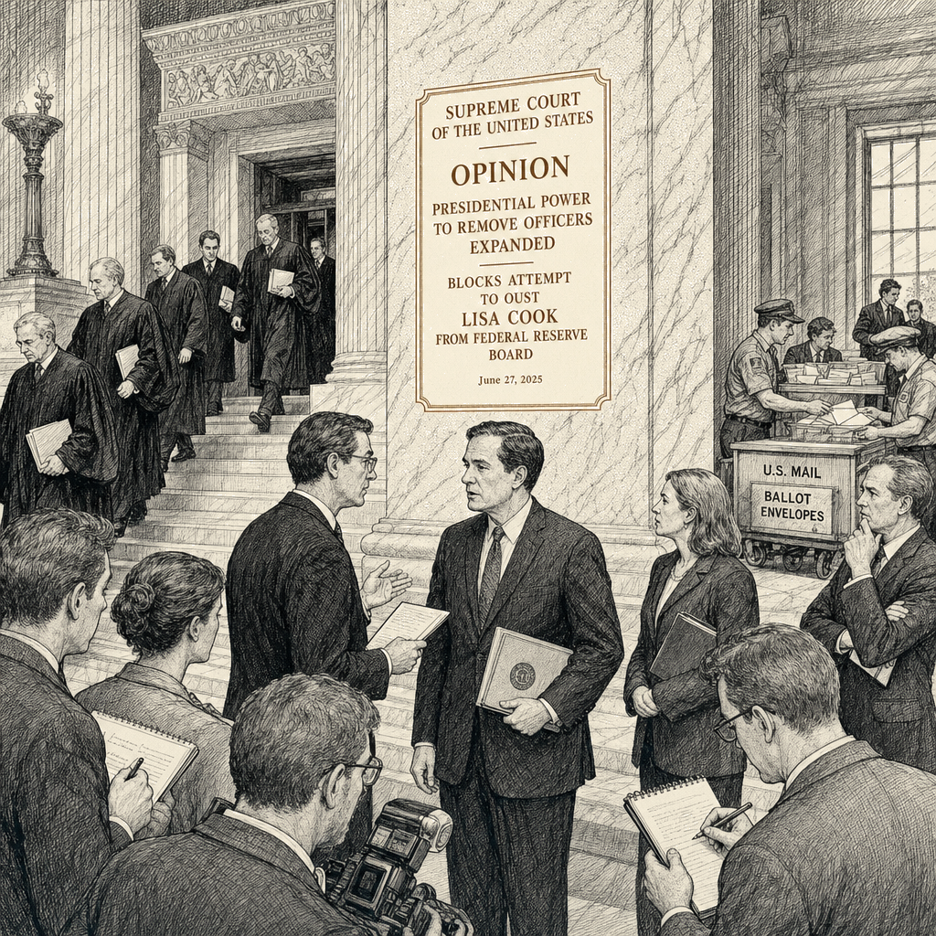 Illustration accompanying article: Supreme Court expands presidential firing power, blocks Cook ouster, upholds mail ballots