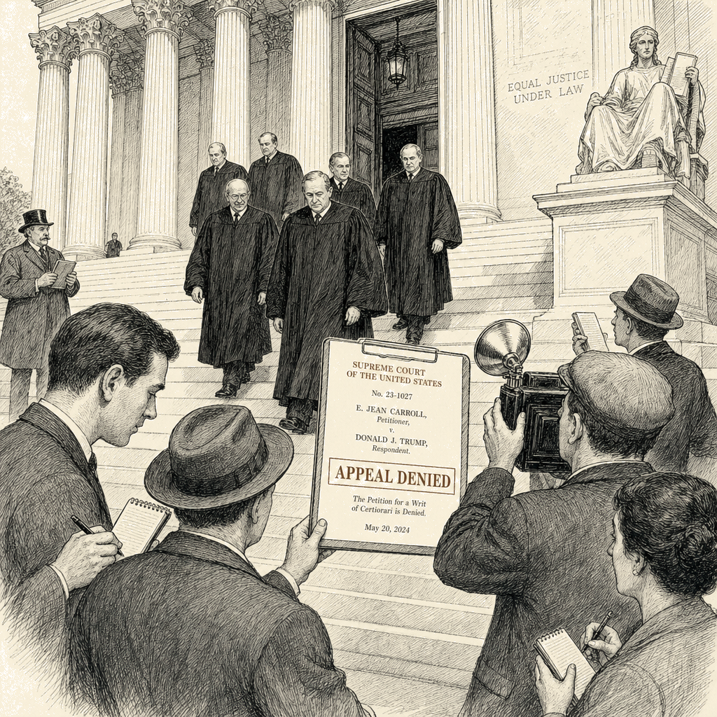 Illustration accompanying article: Supreme Court rejects Trump appeal of $5M Carroll verdict