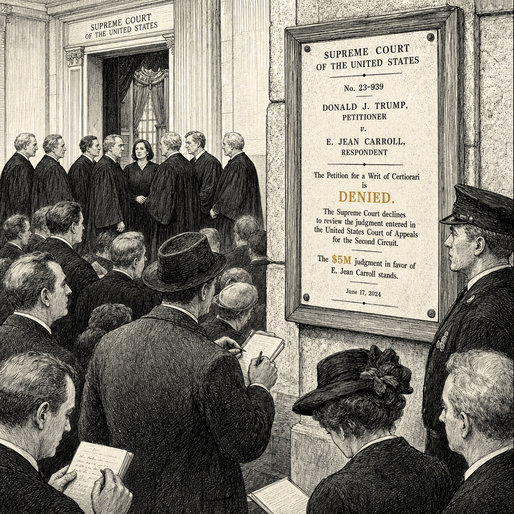 Illustration accompanying article: Supreme Court rejects Trump bid to toss $5M Carroll verdict