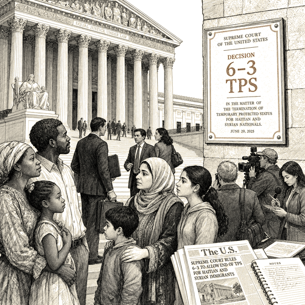 Illustration accompanying article: Supreme Court rules 6-3 to allow end of TPS for Haitian and Syrian immigrants