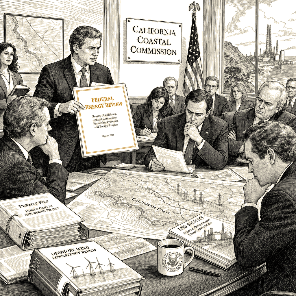 Illustration accompanying article: Trump administration to evaluate California Coastal Commission in energy dispute