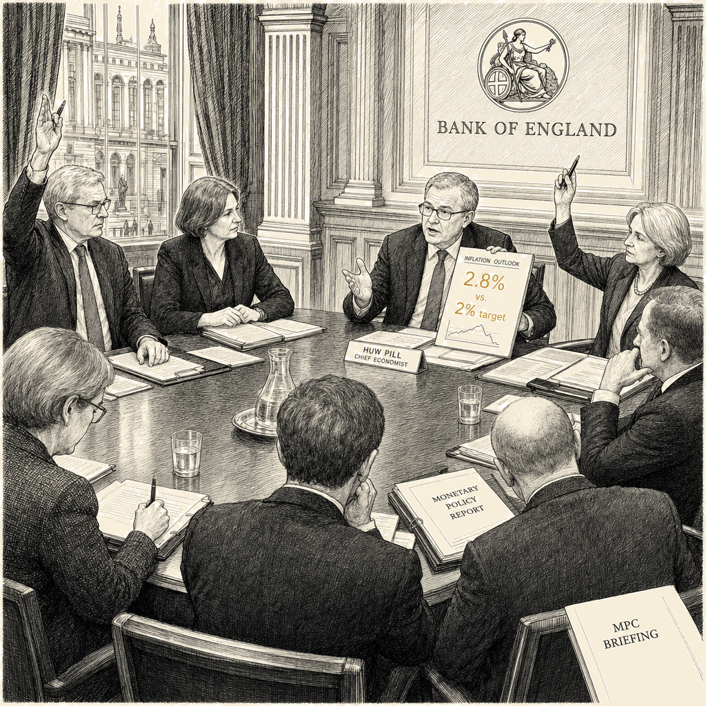 Illustration accompanying article: Two MPC members vote for rate hike as Pill says 2.8% inflation is 'problematic'