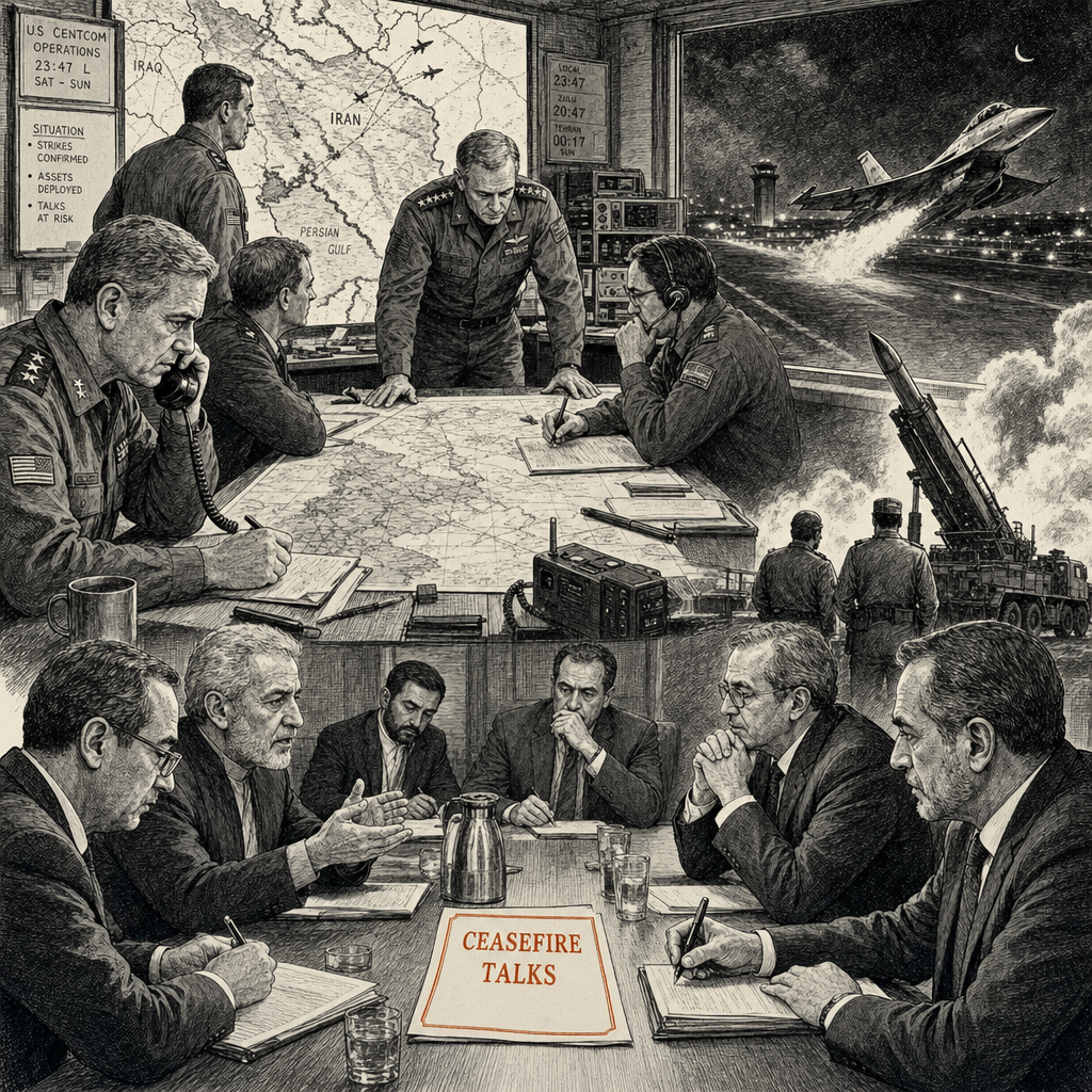 Illustration accompanying article: US and Iran exchange strikes, jeopardizing ceasefire talks
