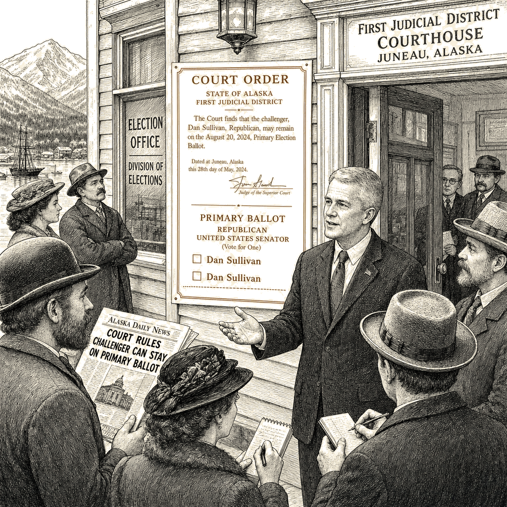 Illustration accompanying article: Alaska Supreme Court rules challenger Dan Sullivan can stay on primary ballot