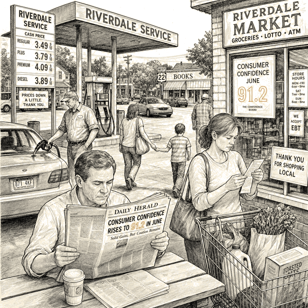 Illustration accompanying article: Consumer confidence index rises 0.6 point to 91.2 in June