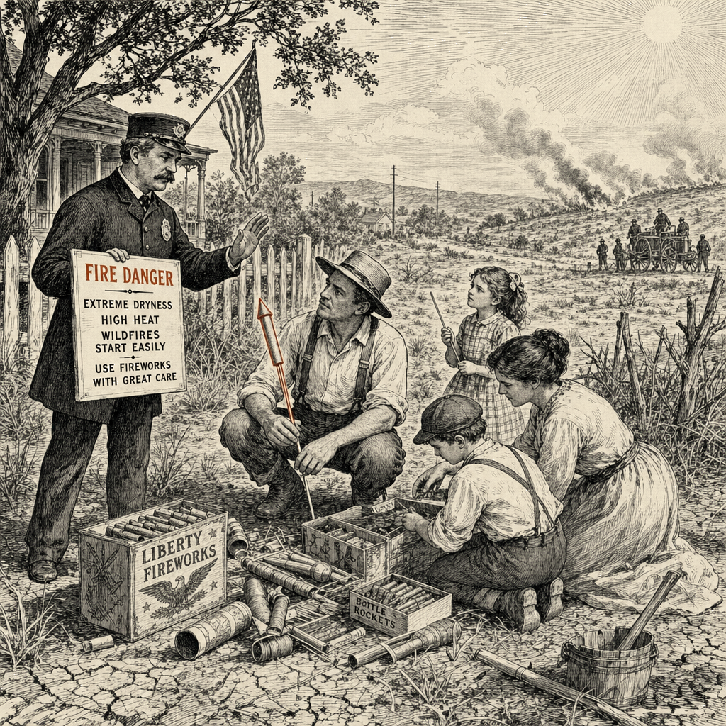 Illustration accompanying article: Drought, heat raise July 4 wildfire risk from fireworks, researcher warns