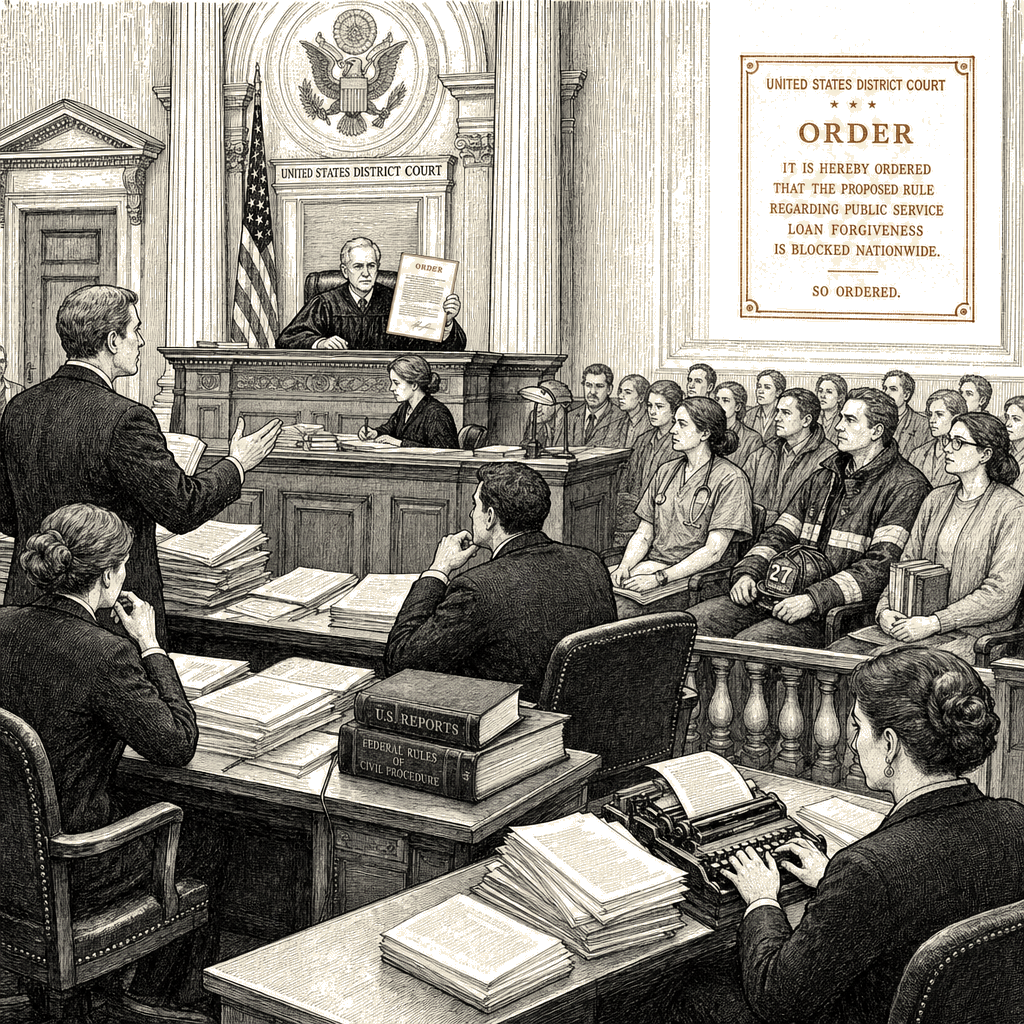 Illustration accompanying article: Federal judge blocks Trump rule on public service loan forgiveness
