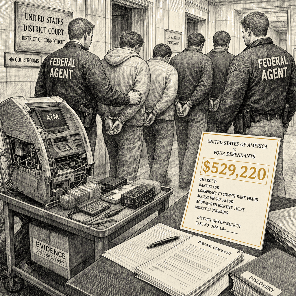 Illustration accompanying article: Four men face federal charges in Connecticut ATM jackpotting scheme