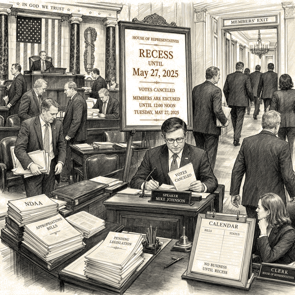 Illustration accompanying article: House GOP halts votes, sends members home as legislative agenda stalls