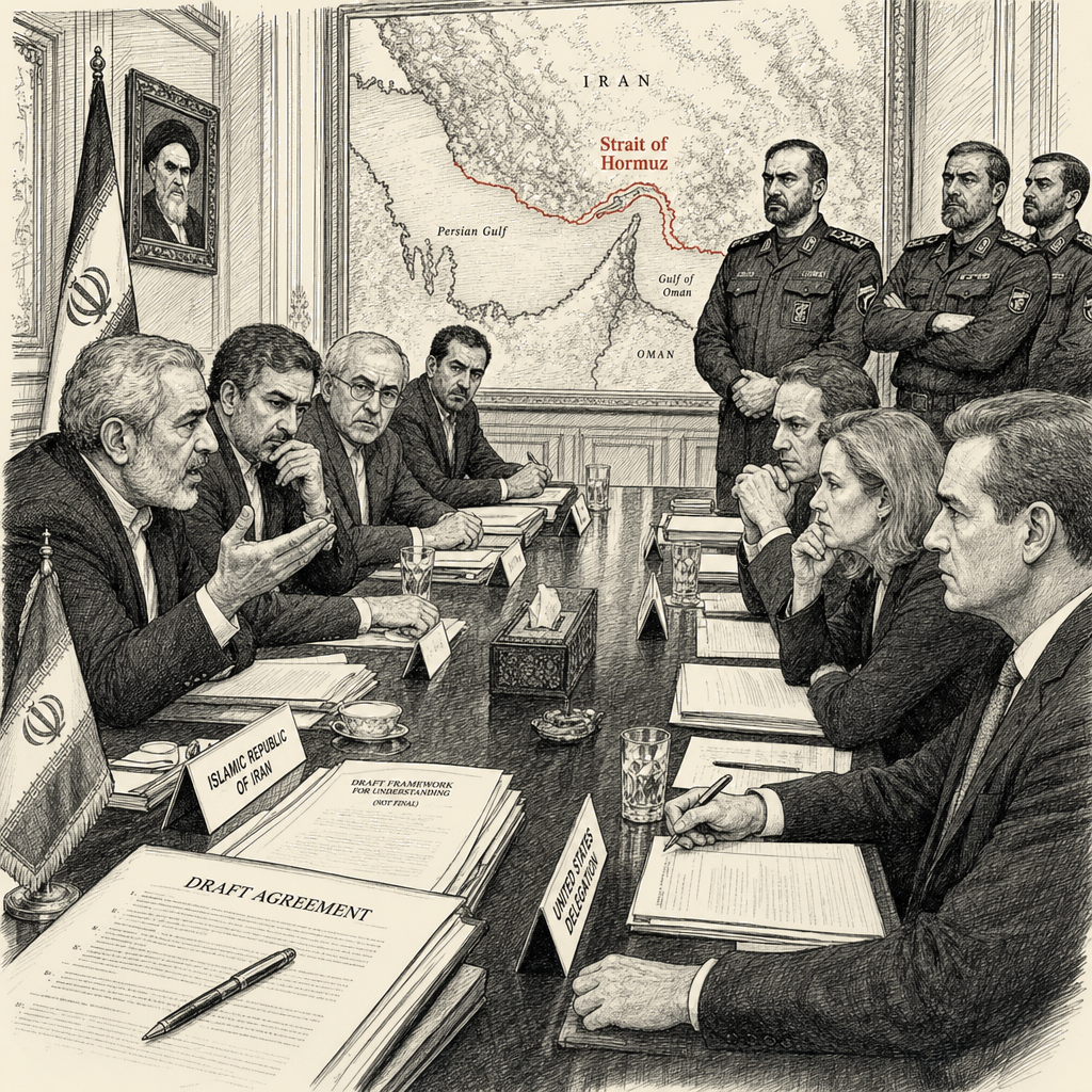 Illustration accompanying article: Iran's internal power struggle threatens US peace talks, officials say