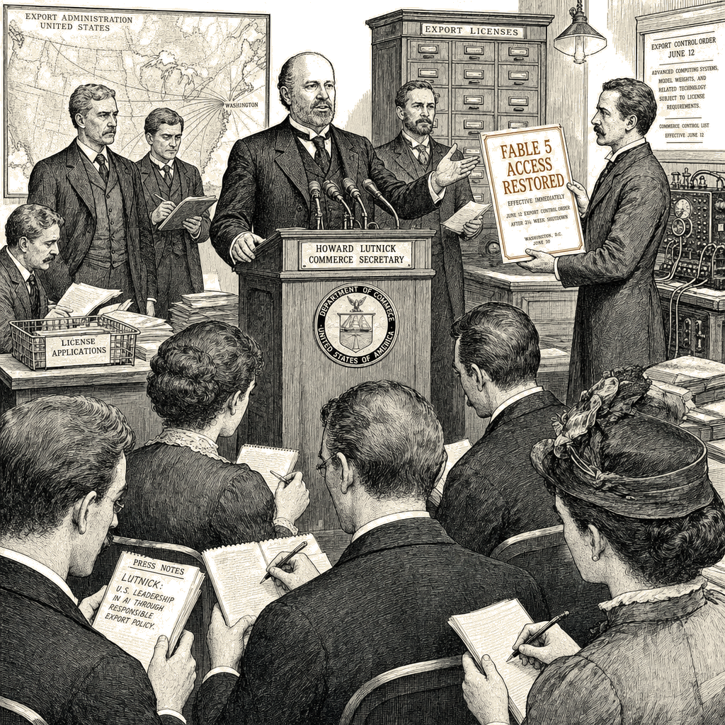 Illustration accompanying article: Lutnick announces deal to restore Anthropic's Fable 5 access