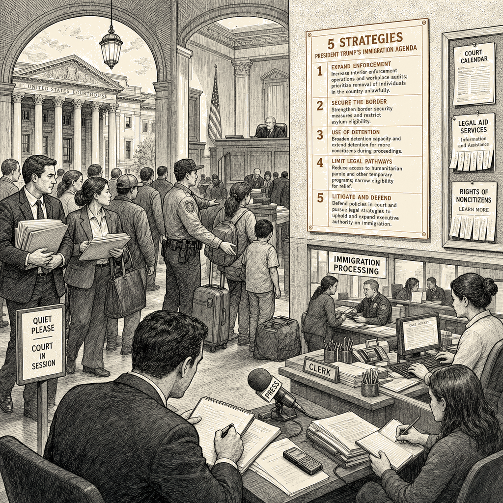 Illustration accompanying article: NPR details five Trump immigration strategies across enforcement, courts,