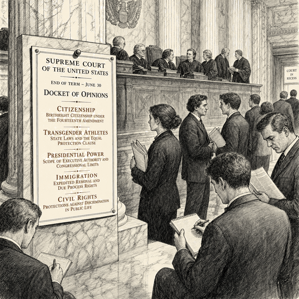 Illustration accompanying article: Supreme Court ends term with rulings on citizenship, transgender athletes