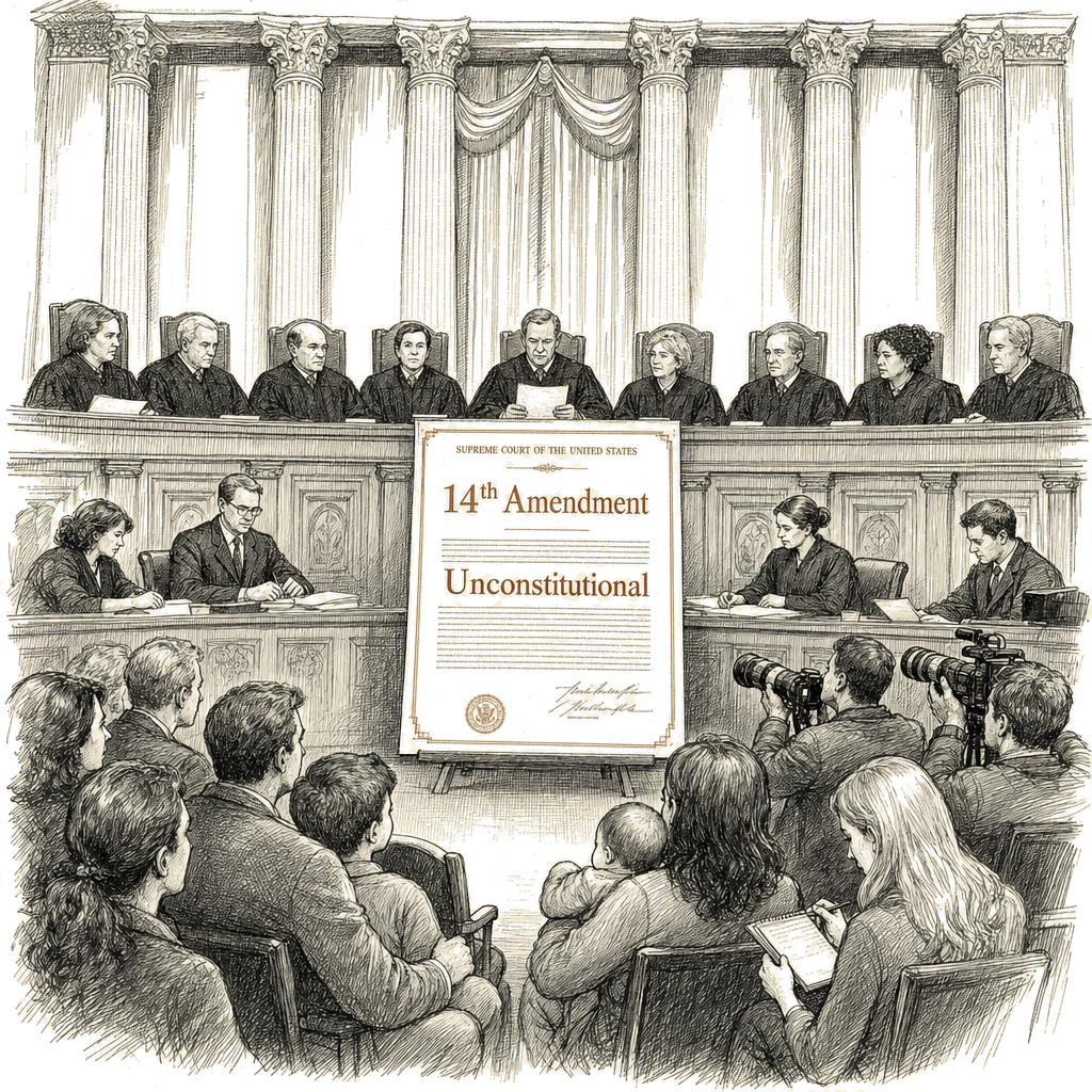 Illustration accompanying article: Supreme Court rules Trump's birthright citizenship order unconstitutional