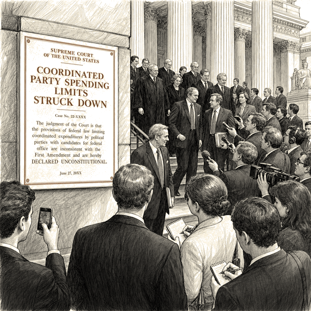 Illustration accompanying article: Supreme Court strikes down limits on coordinated party spending