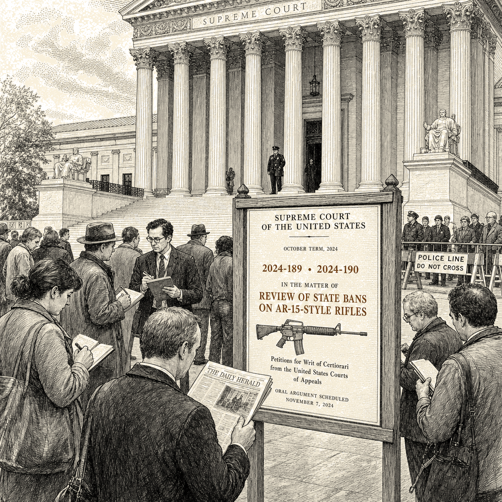 Illustration accompanying article: Supreme Court to review state bans on AR-15-style rifles