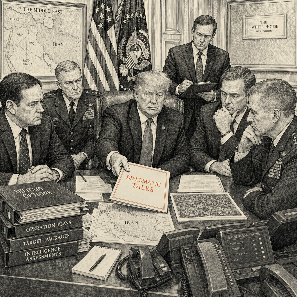 Illustration accompanying article: Trump weighs all-out Iran war options, opts to stick with talks