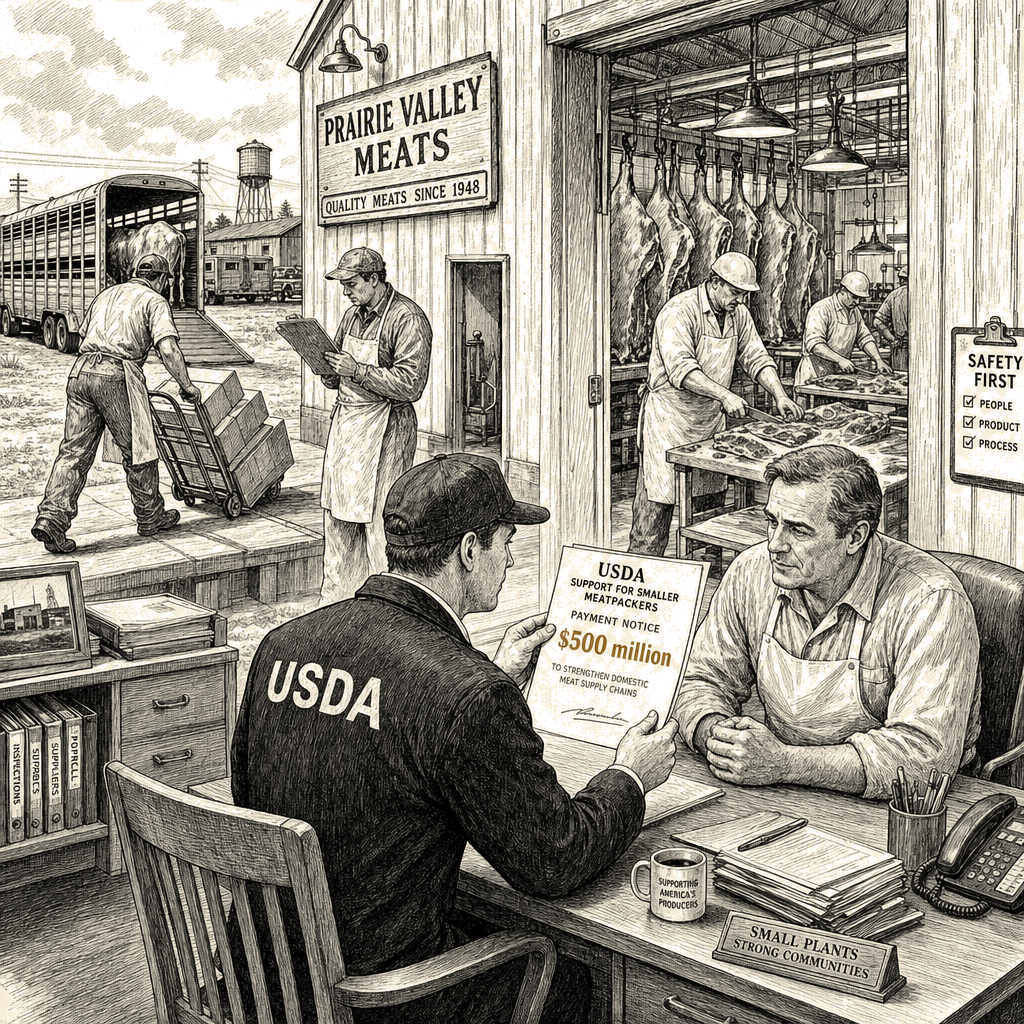 Illustration accompanying article: USDA plans $500 million in payments to smaller meatpackers
