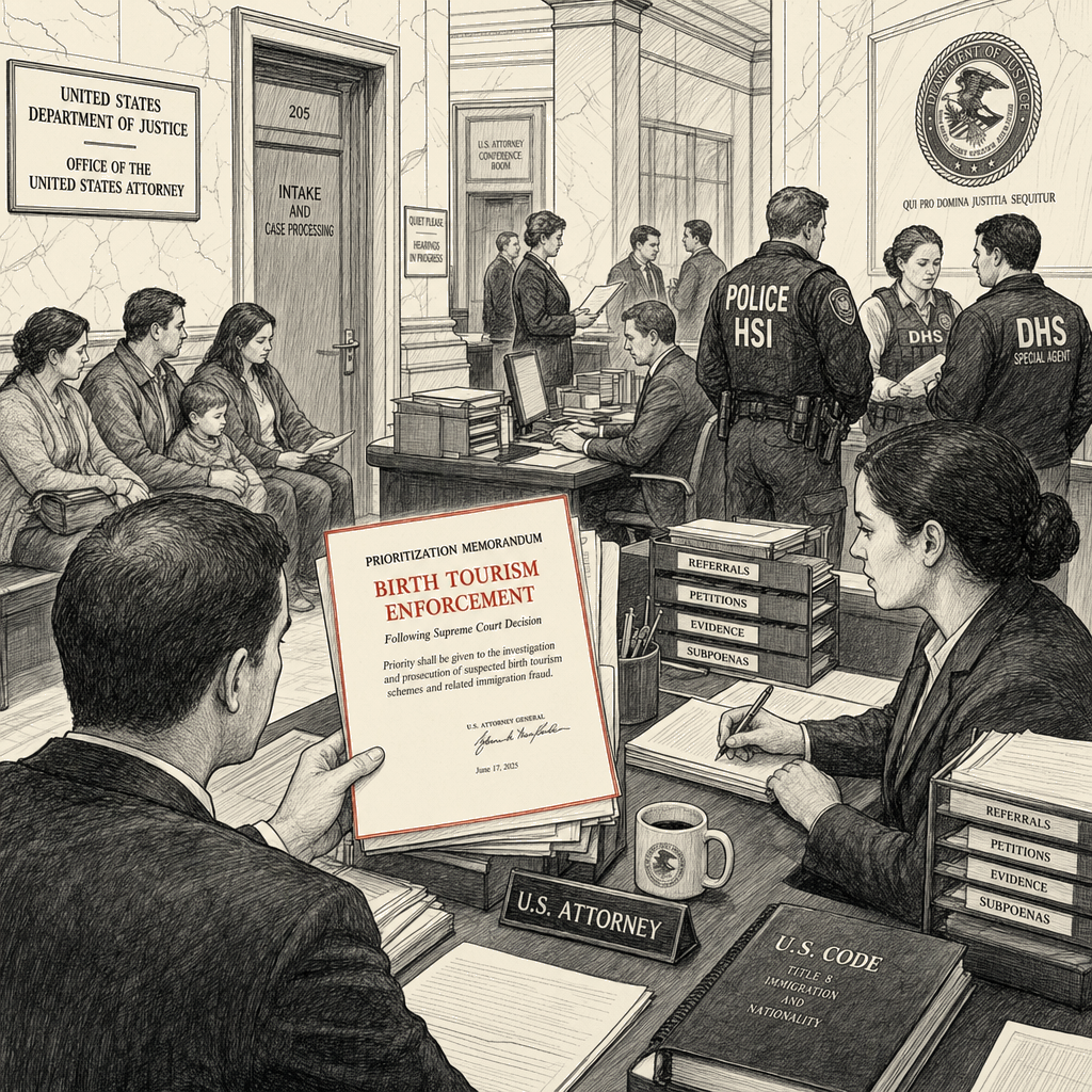 Illustration accompanying article: DOJ, DHS to prioritize birth tourism cases after Supreme Court birthright ruling