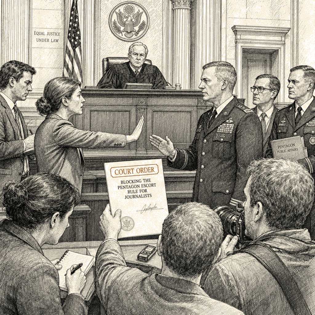 Illustration accompanying article: Federal judge blocks Pentagon escort rule for journalists