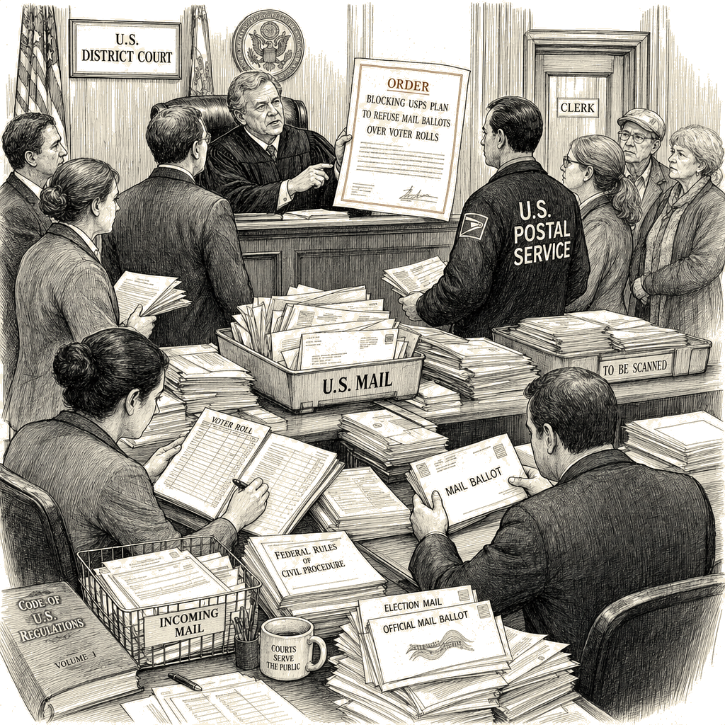 Illustration accompanying article: Federal judge blocks USPS plan to refuse mail ballots over voter rolls