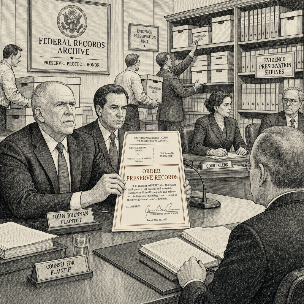 Illustration accompanying article: John Brennan sues Trump administration to preserve investigation records