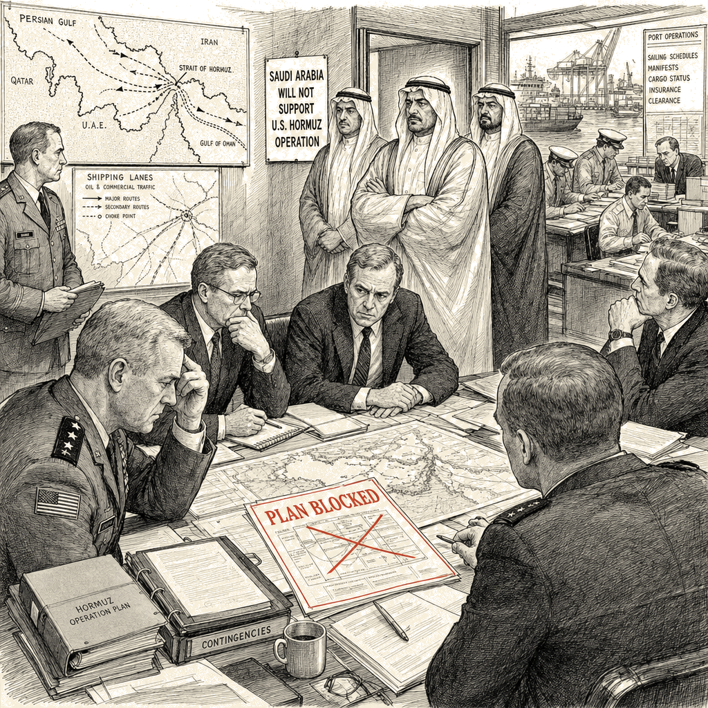 Illustration accompanying article: Saudi Arabia Blocked U.S. Hormuz Operation, Forcing Abandonment of Plan