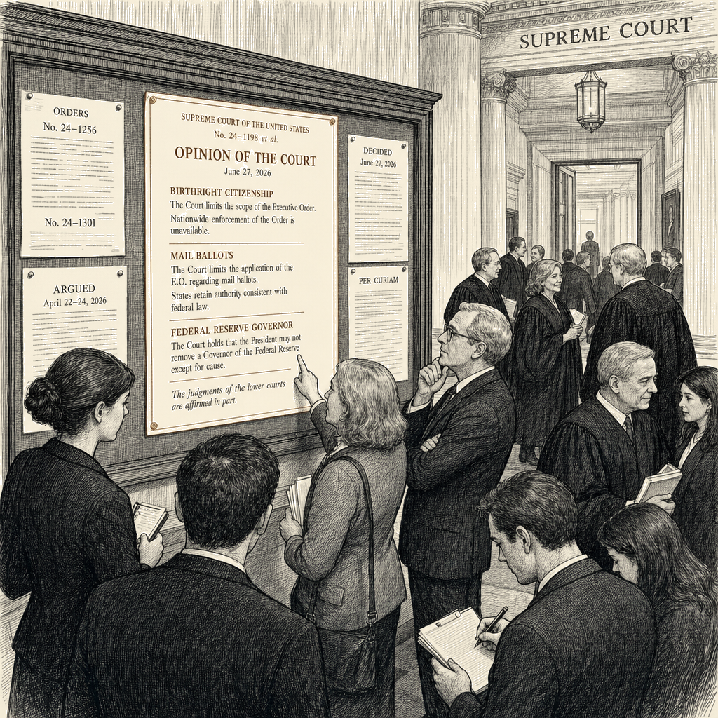 Illustration accompanying article: Supreme Court limits Trump on birthright citizenship, mail ballots, Cook firing