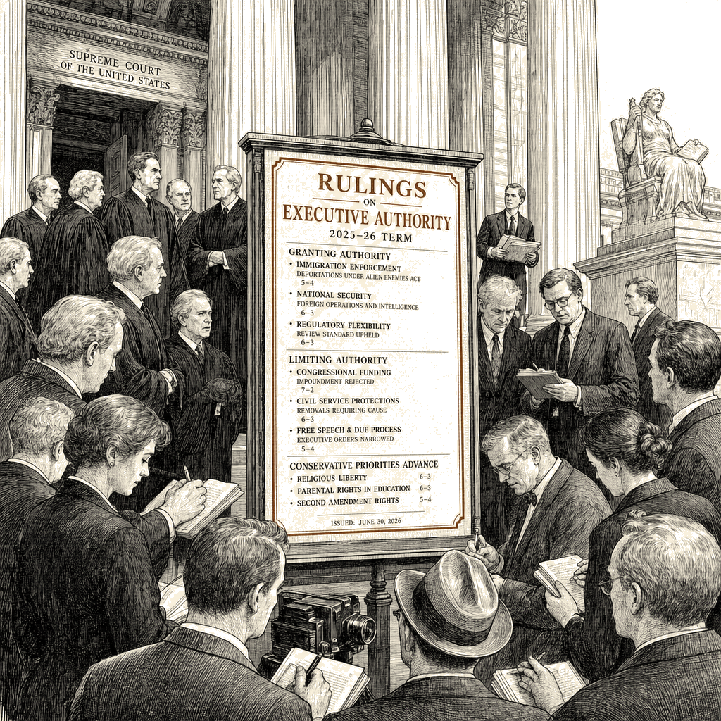 Illustration accompanying article: Supreme Court term yields mixed rulings on Trump's executive authority