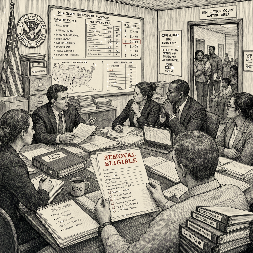 Illustration accompanying article: Trump administration discusses data-driven deportations after court wins