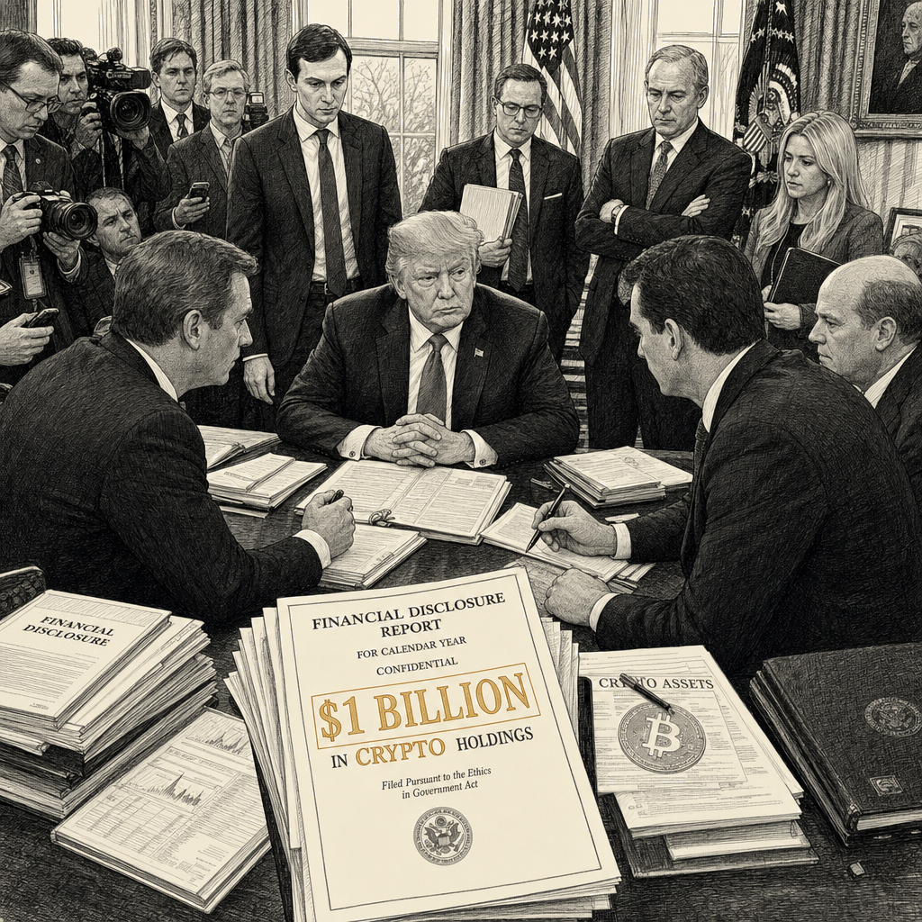 Illustration accompanying article: Trump earned over $1 billion from crypto ventures in 2025, filing shows