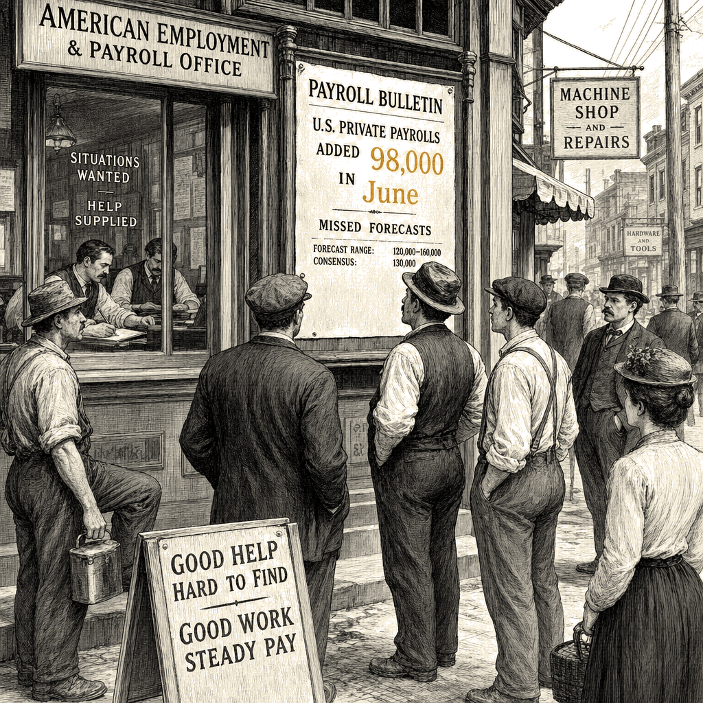 Illustration accompanying article: U.S. private payrolls add 98,000 in June, missing forecasts