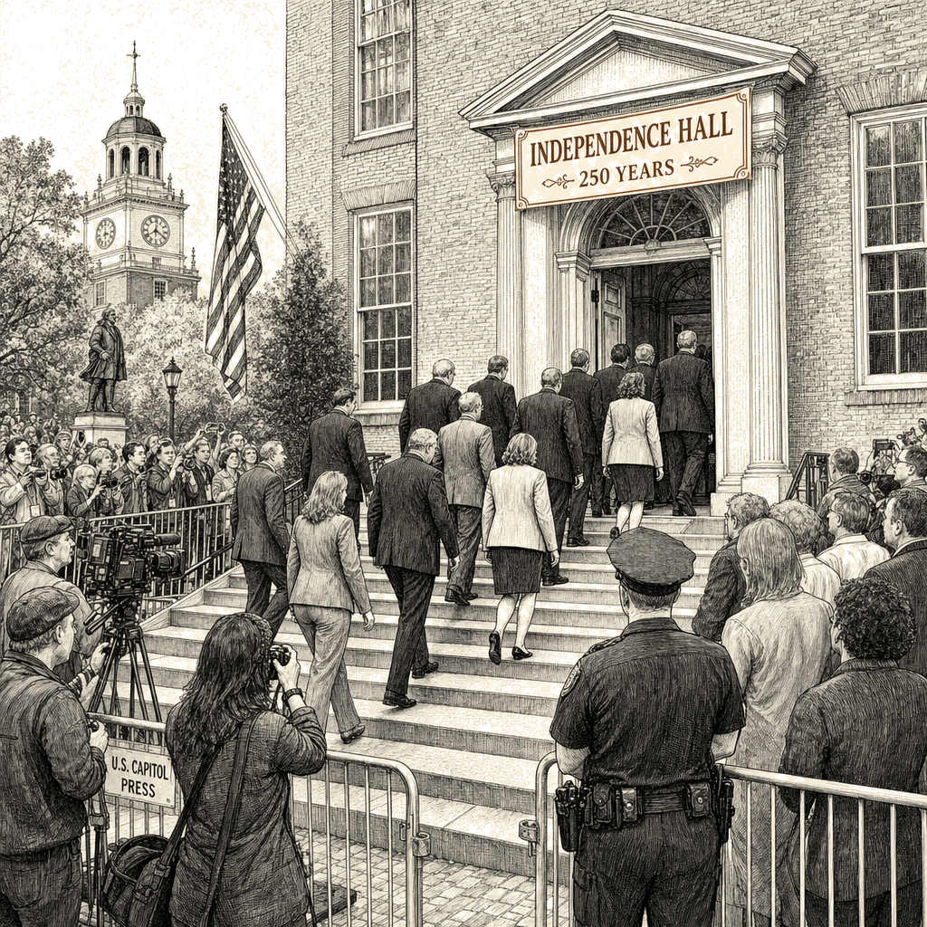 Illustration accompanying article: Congress returns to Independence Hall 250 years after Continental Congress