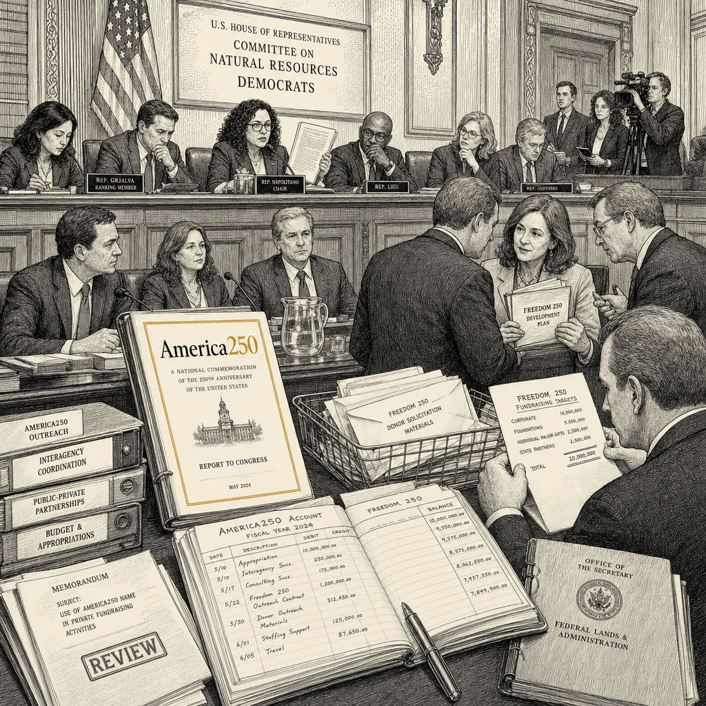 Illustration accompanying article: Democrats allege Freedom 250 solicited donors under America250 name