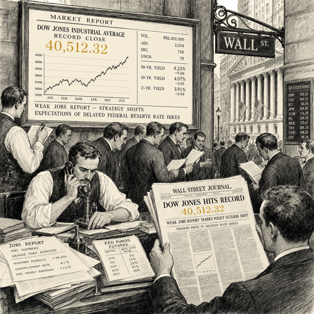 Illustration accompanying article: Dow hits record as weak jobs report shifts Wall Street strategy