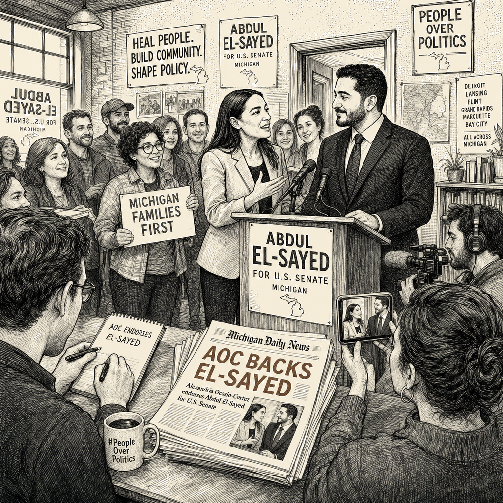 Illustration accompanying article: El-Sayed earns Ocasio-Cortez endorsement in Michigan Senate primary