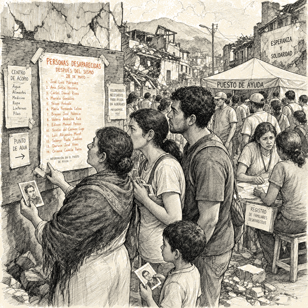 Illustration accompanying article: Families of US deportees to Venezuela search for missing after quakes