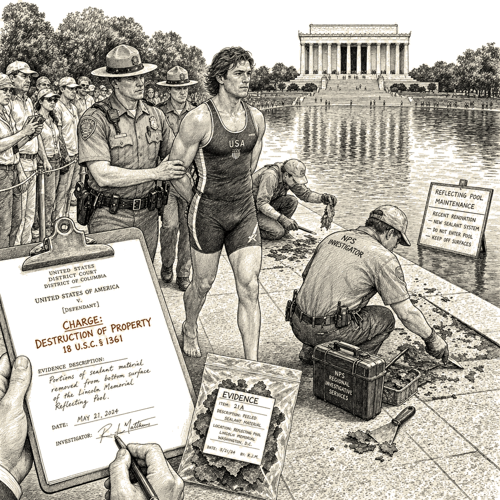 Illustration accompanying article: Former Olympic canoeist indicted for vandalizing Lincoln Memorial Reflecting Pool