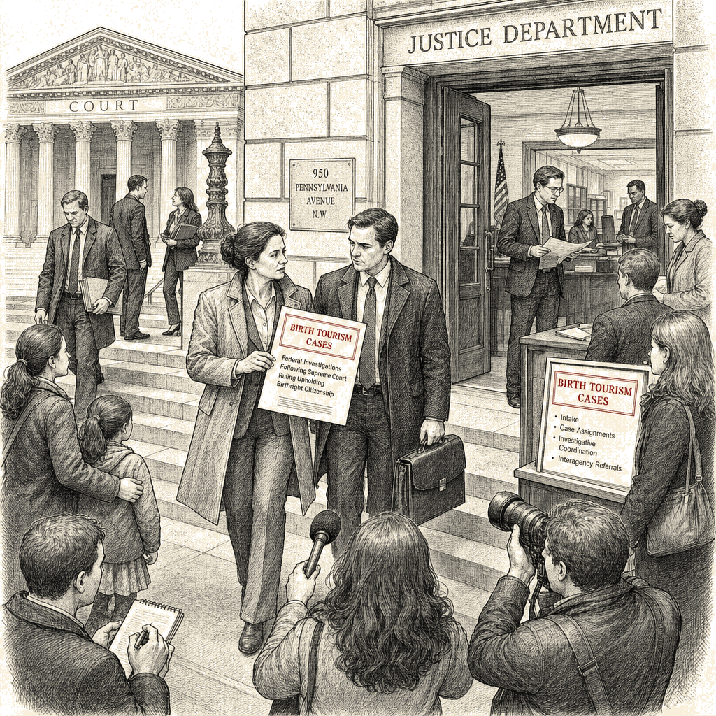 Illustration accompanying article: Justice Department to prioritize birth tourism cases after Supreme Court ruling