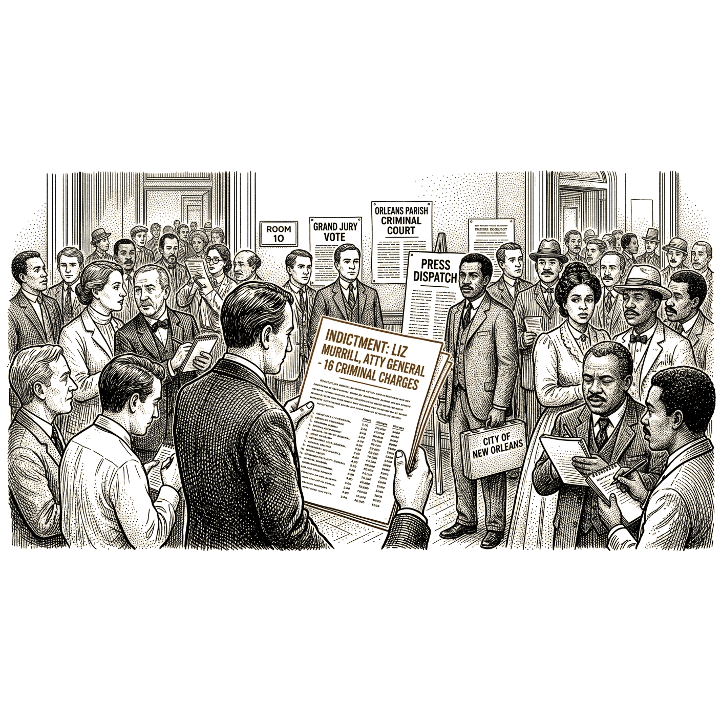 Illustration accompanying article: Louisiana attorney general Liz Murrill indicted on 16 criminal charges
