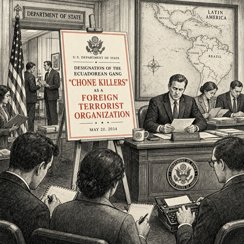 Illustration accompanying article: State Department adds Ecuadorean gang Chone Killers to terrorist list