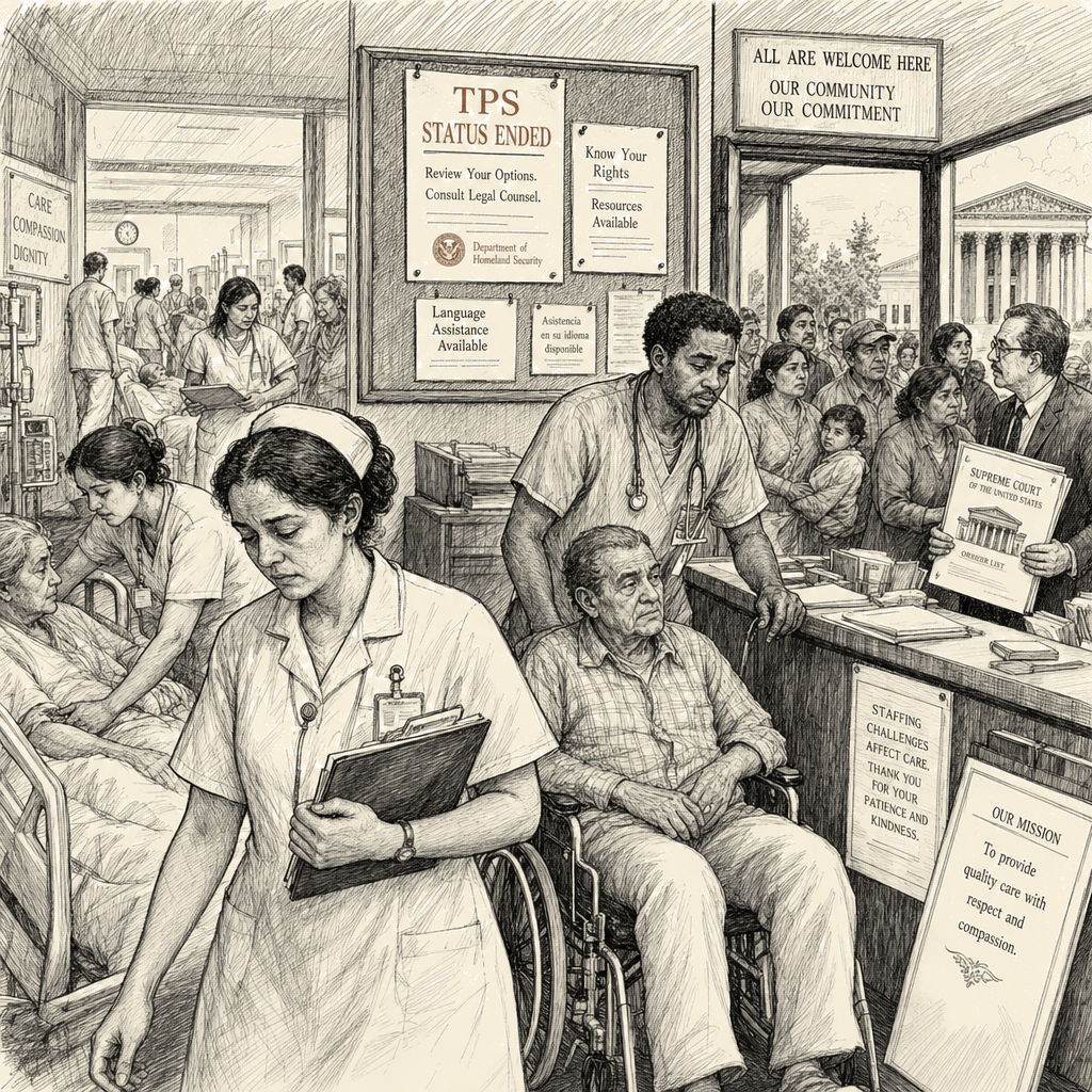 Illustration accompanying article: Supreme Court TPS ruling will strain US healthcare staffing, experts say