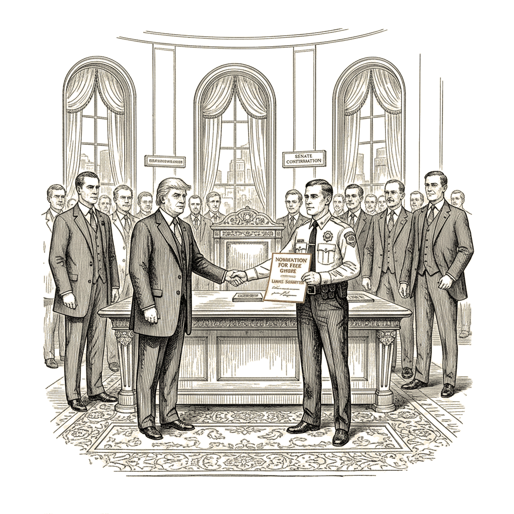 Illustration accompanying article: Trump nominates former Oklahoma patrolman Lance Schroyer to lead ICE