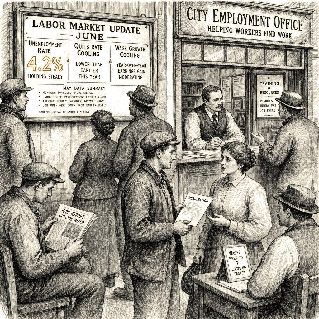 Illustration accompanying article: U.S. unemployment holds at 4.2% in June; quits and wage growth signal cooling