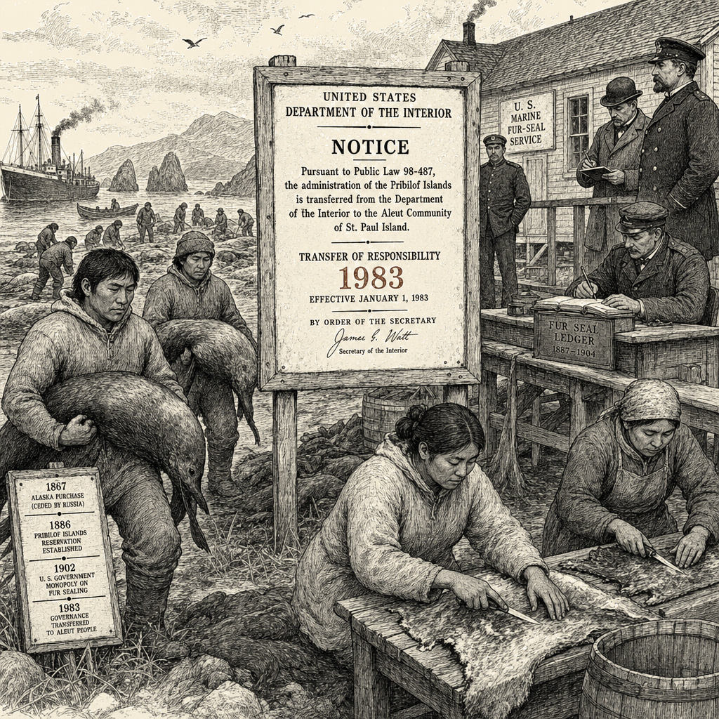 Illustration accompanying article: Unangax̂ forced to harvest fur seals under U.S. supervision until 1983