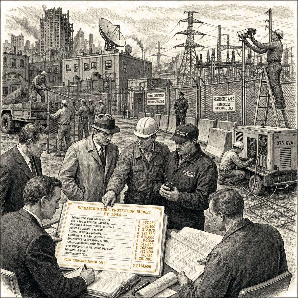 Illustration accompanying article: Businesses face rising security costs as wars target civilian infrastructure